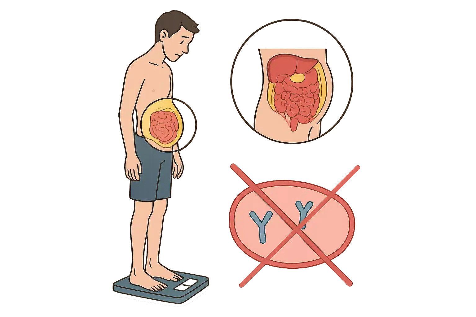 슬림한 체형의 남성이 체중계에 서 있는 모습, 배 안쪽에 내장지방이 쌓인 투시 인포그래픽, 인슐린 저항성