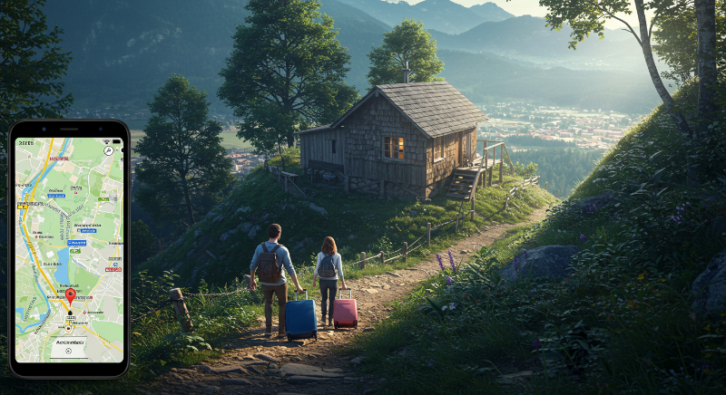 지도에서는 가까워 보였지만 실제로는 언덕길이나 외진 곳에 위치한 숙소의 함정을 보여주는 이미지.