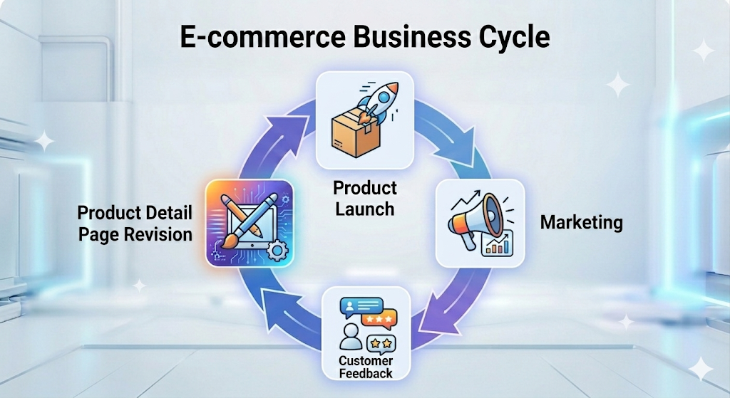 An e-commerce business flowchart showing the winning cycle from product launch to product page updates