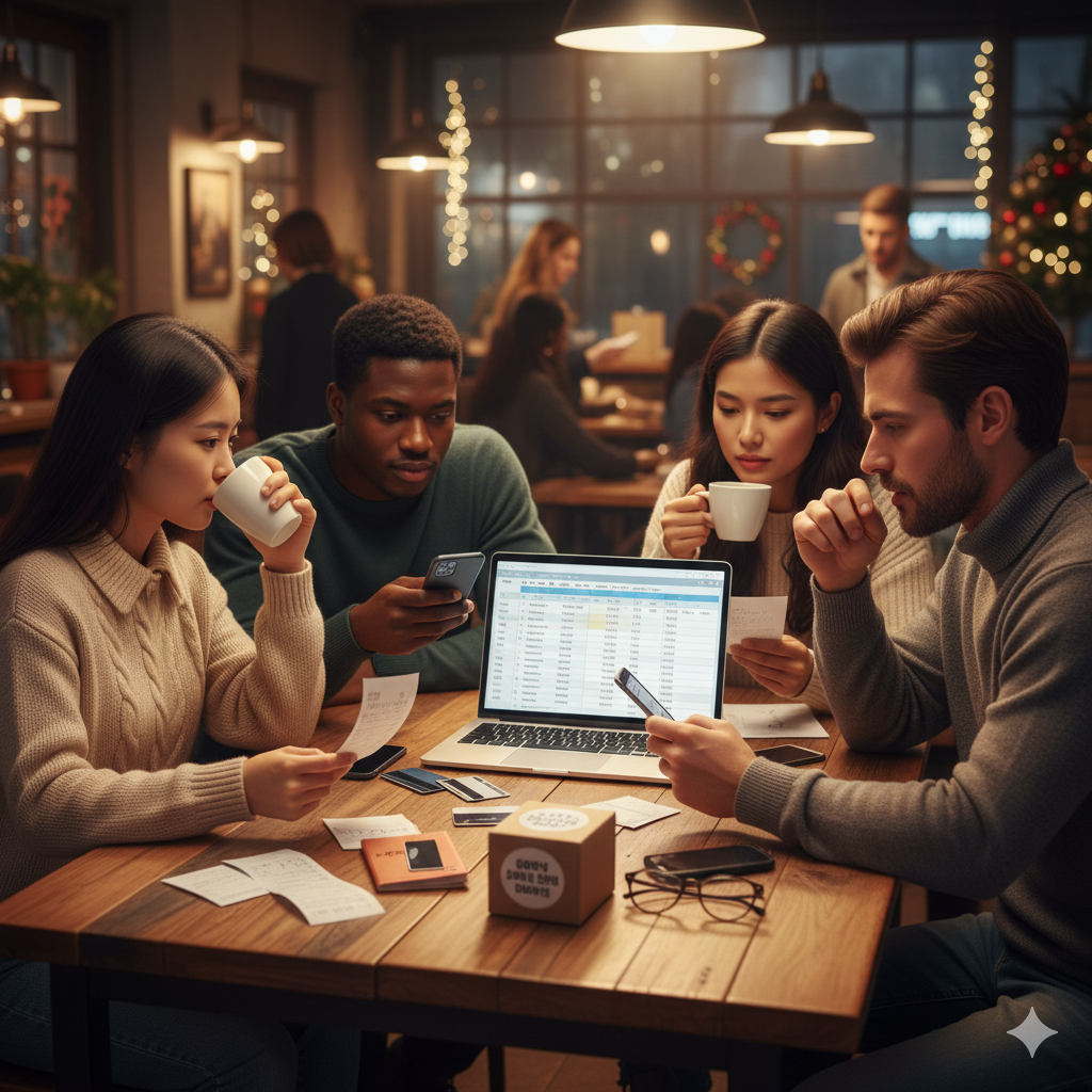 카페 테이블에 모인 네 명의 젊은이가 커피를 마시며 노트북 화면의 엑셀 표와 영수증을 확인하는 따뜻한 장면, 배경에 크리스마스 조명