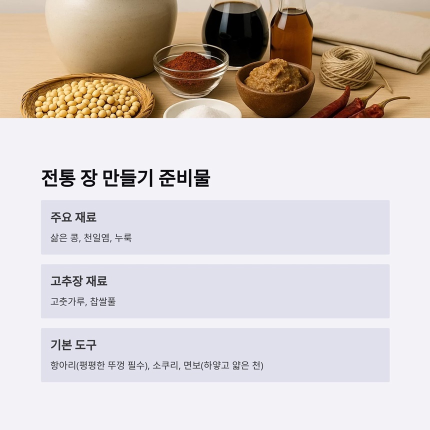 전통 장 만들기 재료로 준비된 콩, 고춧가루, 된장, 간장 등 다양한 재료들