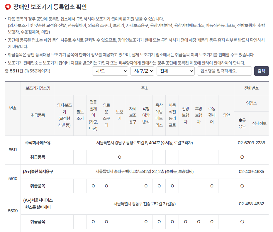 장애인 보조기기 등록업소 확인