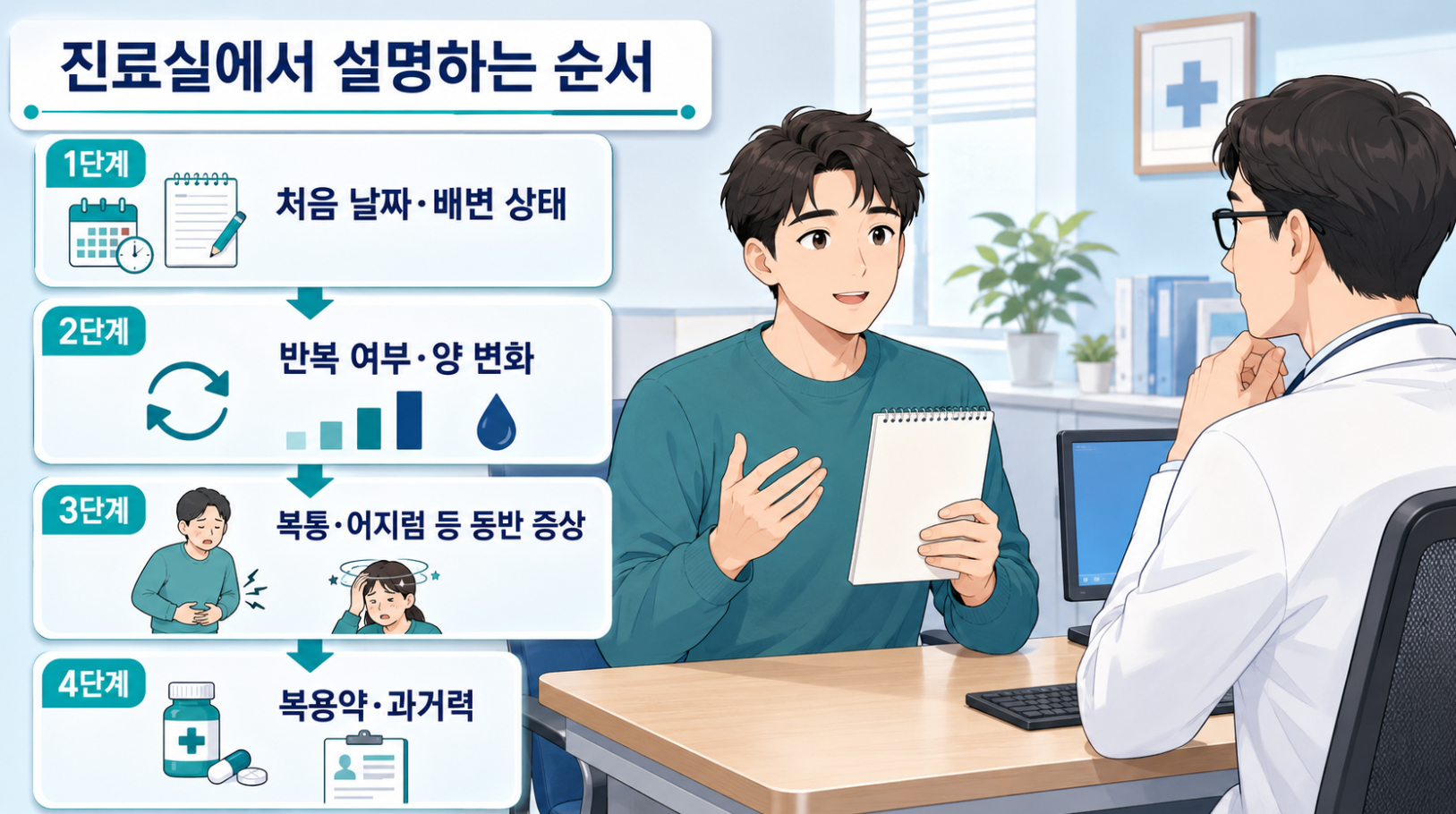 혈변과 흑색변의 경과를 처음 날짜 반복 여부 동반 증상 복용약과 과거력 순으로 설명하는 방법