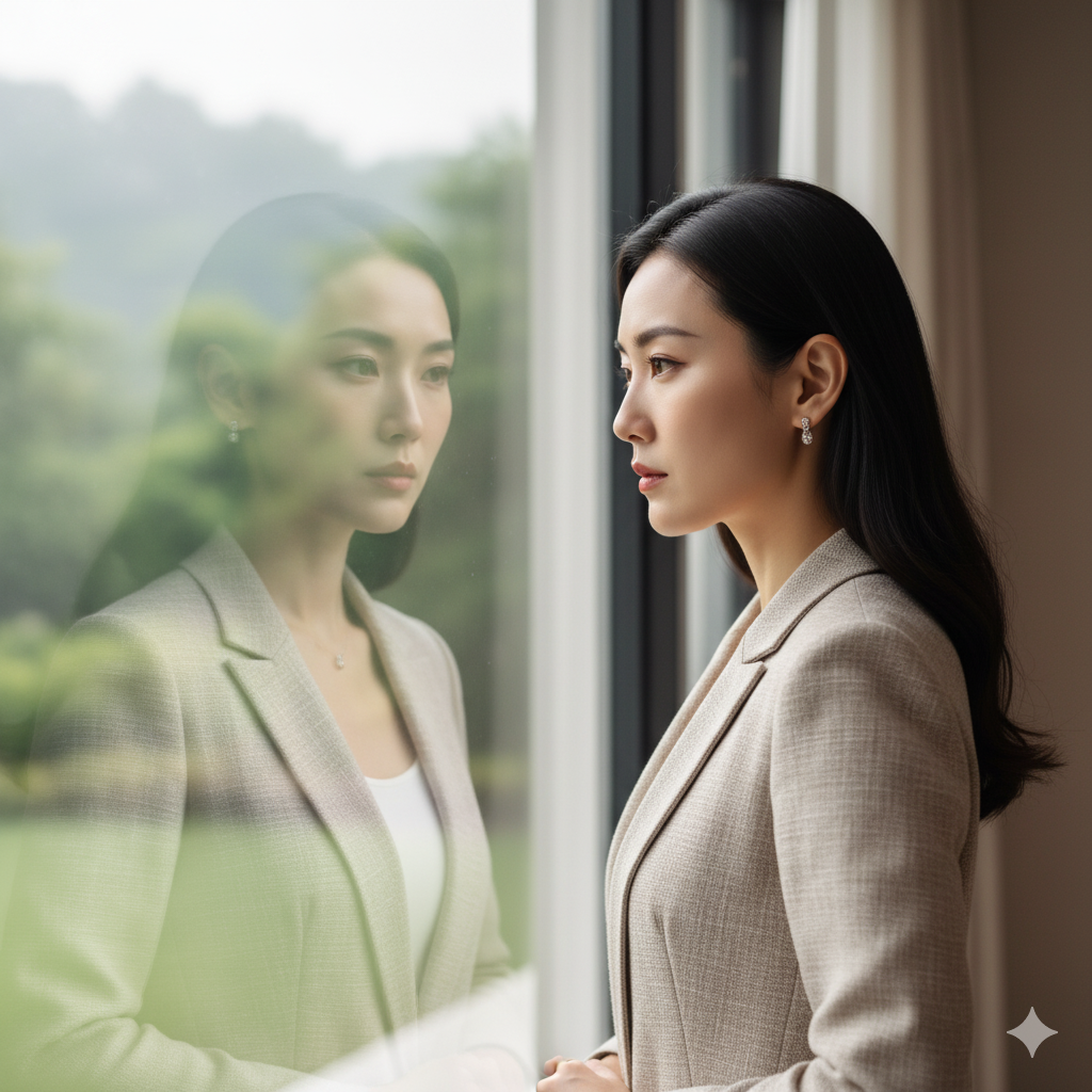 거울 속 자신을 응시하며 흔들리지 않는 내면의 힘을 다짐하는 여성