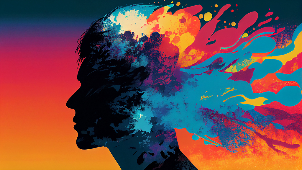 사람의 머리 뒷부분에서 시작되는 화려하고 다양한 색깔들이 섞인 그림