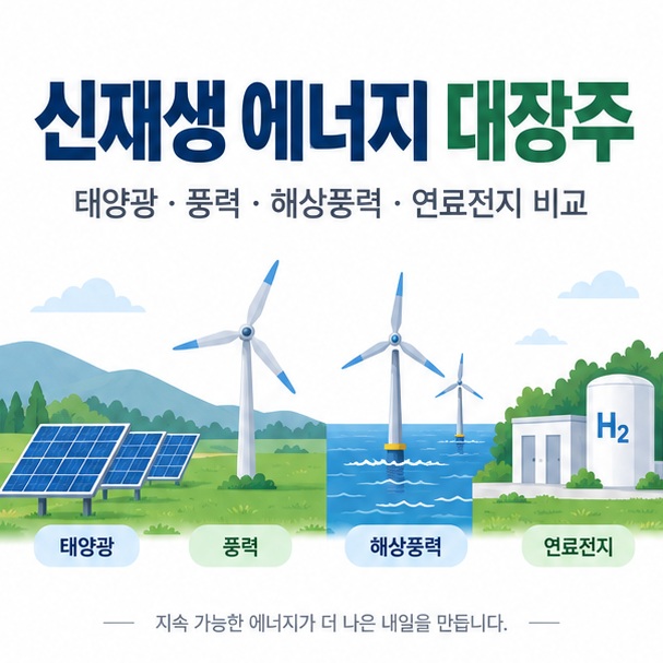 태양광 패널과 풍력발전기를 배경으로 신재생 에너지 대장주라는 글자가 중앙에 놓인 교육용 인포그래픽