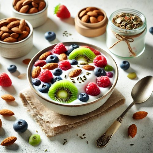 신선한 과일과 견과류가 올려진 요구르트 한 그릇, 건강하고 균형 잡힌 식사를 위한 장면