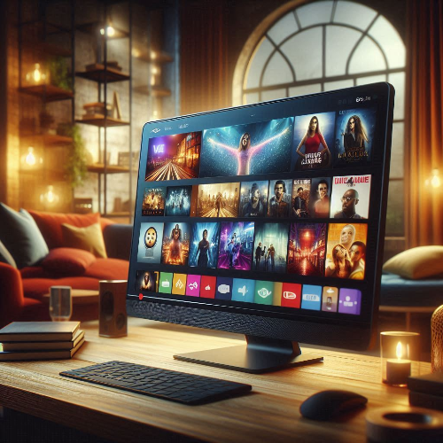 세련된 홈 오피스 환경에서 PC 화면으로 영화 및 TV 쇼 스트리밍 서비스를 이용하는 장면