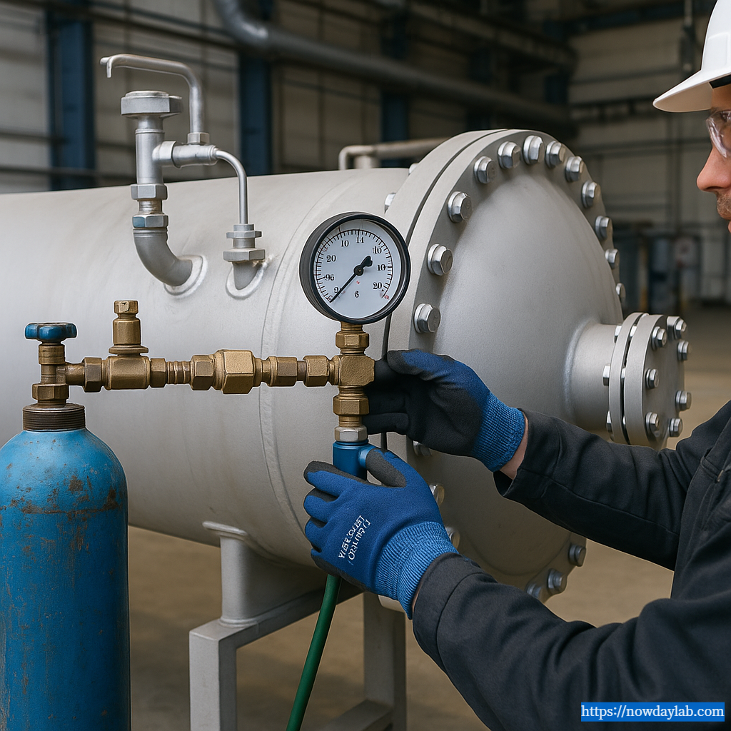 Technician conducting pneumatic test using nitrogen gas under controlled conditions.