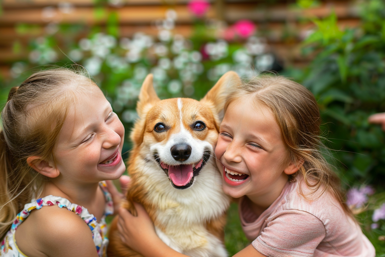 Happy Welsh Corgi playing with children