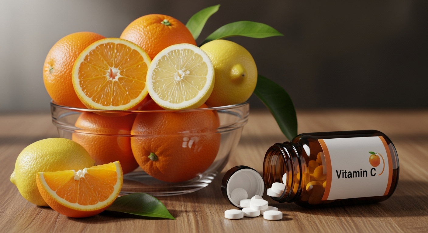 alt=&quot;비타민C 알약과 신선한 과일 오렌지 레몬이 함께 놓여있는 모습&quot;