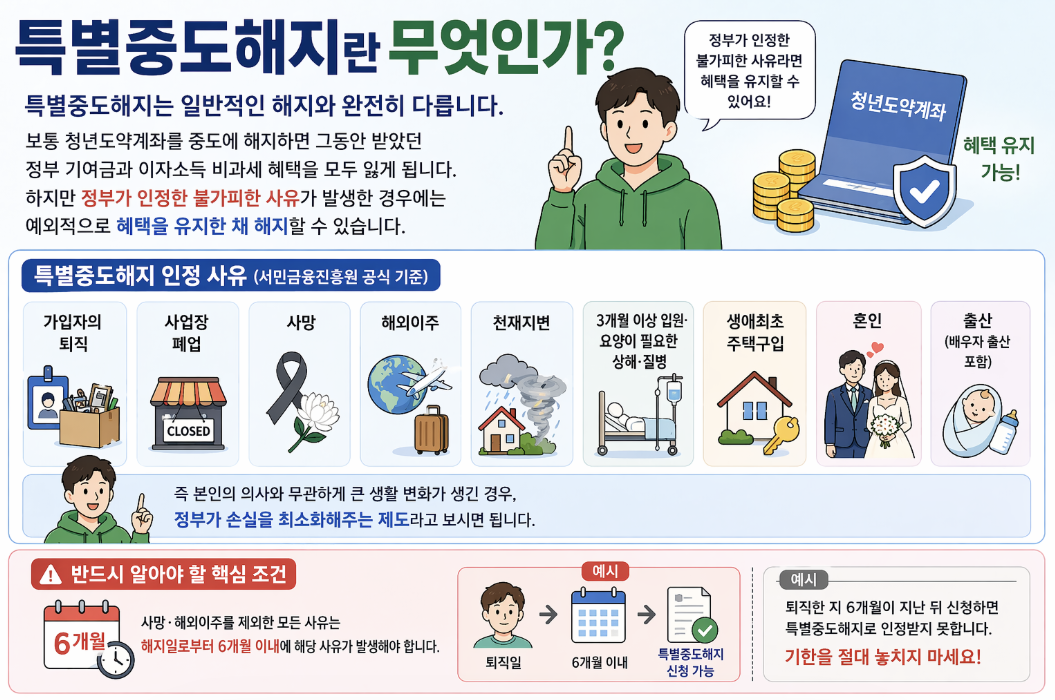 청년도약계좌 특별중도해지 인정 사유 및 혜택 유지 조건: 퇴직, 사업장 폐업, 사망, 해외이주, 천재지변, 3개월 이상 입원&middot;요양, 생애최초 주택구입, 혼인, 출산 사유 시 정부 기여금 및 비과세 혜택 유지 가능. 사유 발생 후 6개월 이내 신청 필수 주의사항 안내