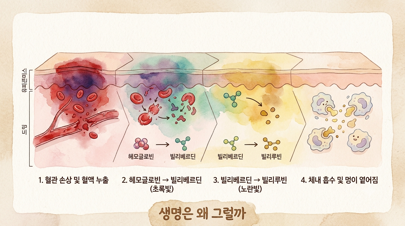 혈관 밖으로 나온 적혈구와 헤모글로빈이 분해되며 멍의 색이 변화하는 과정
