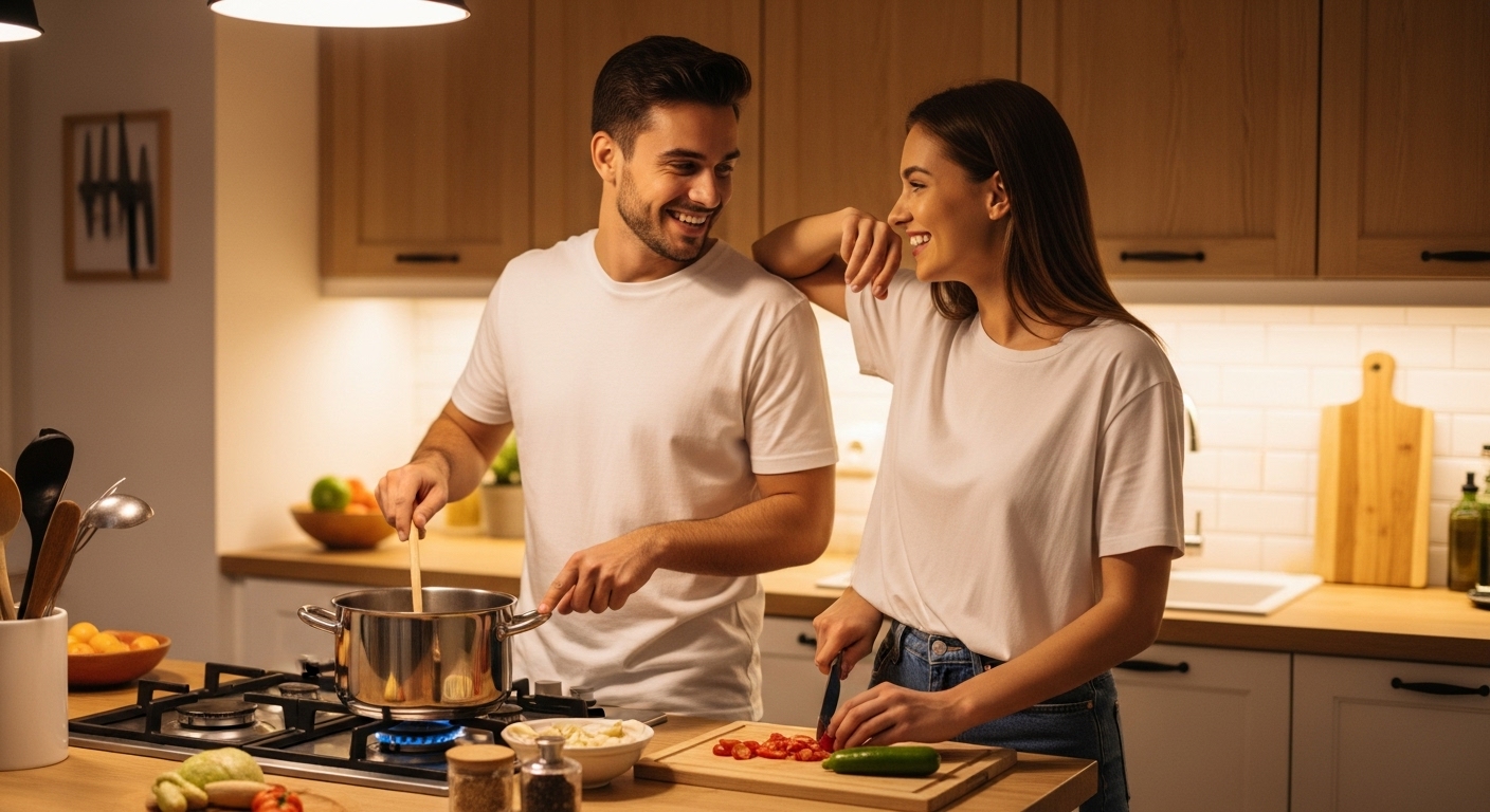 20대 대학생 커플이 집에서 앞치마를 두르고 즐겁게 요리하며 홈 데이트를 즐기는 모습