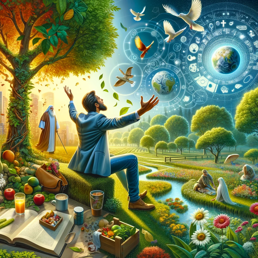 여기 현대인이 하나님의 창조를 깊이 찬양하며, 하나님의 축복과 풍성함을 반영하는 삶을 살아가는 모습을 담은 이미지입니다. 아름다운 자연 속에서 기쁨과 평화를 누리며, 다른 사람들을 돕고, 정원을 가꾸며 하나님께서 명하신 번성하고 충만한 삶을 살아가는 모습이 그려져 있습니다. 이 이미지가 당신의 비전과 기도에 영감을 주기를 바랍니다.