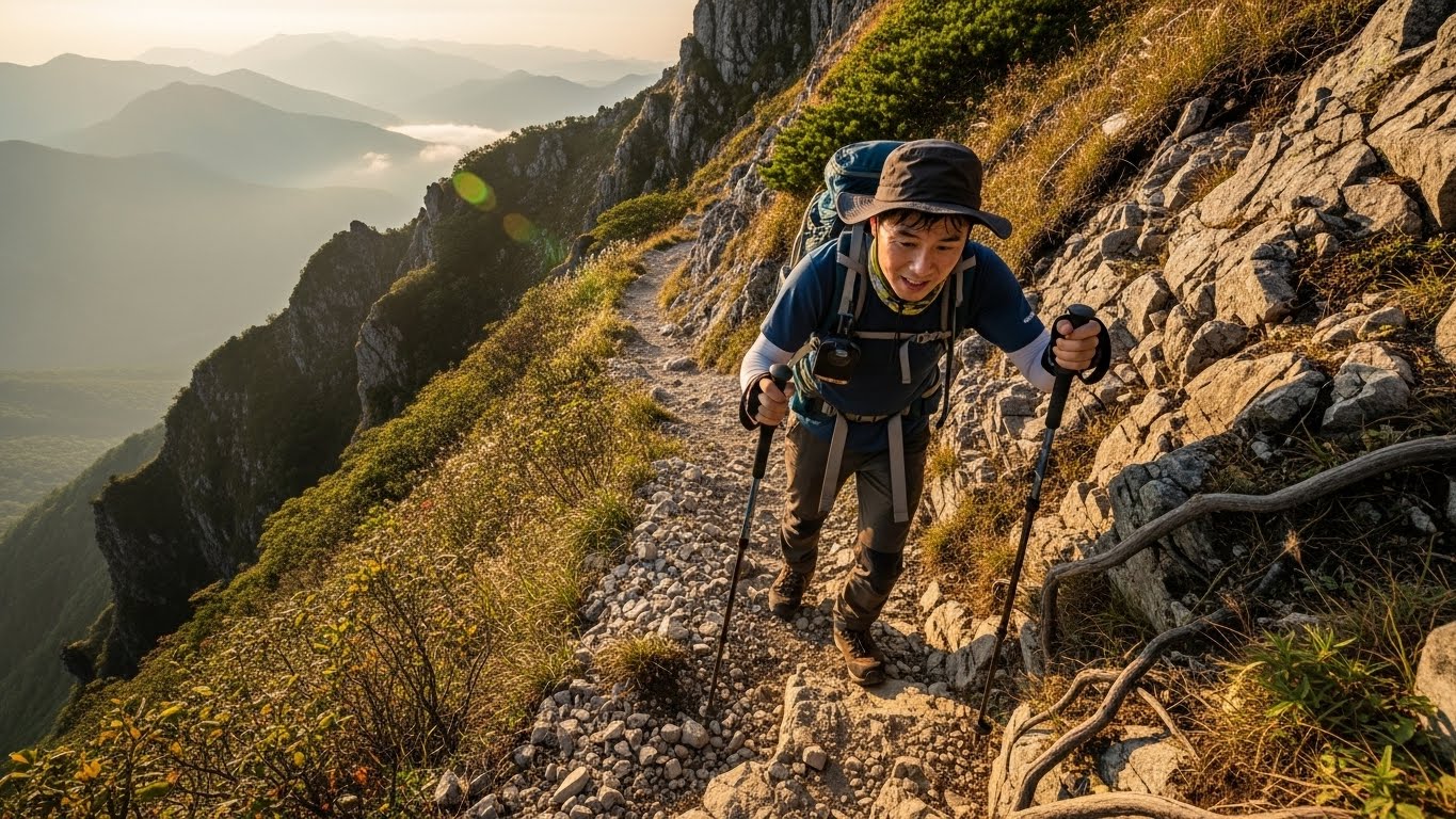 척추관 협착증 환자에게 통증을 유발할 수 있는 내리막길 등산을 하고 있는 한국 등산객