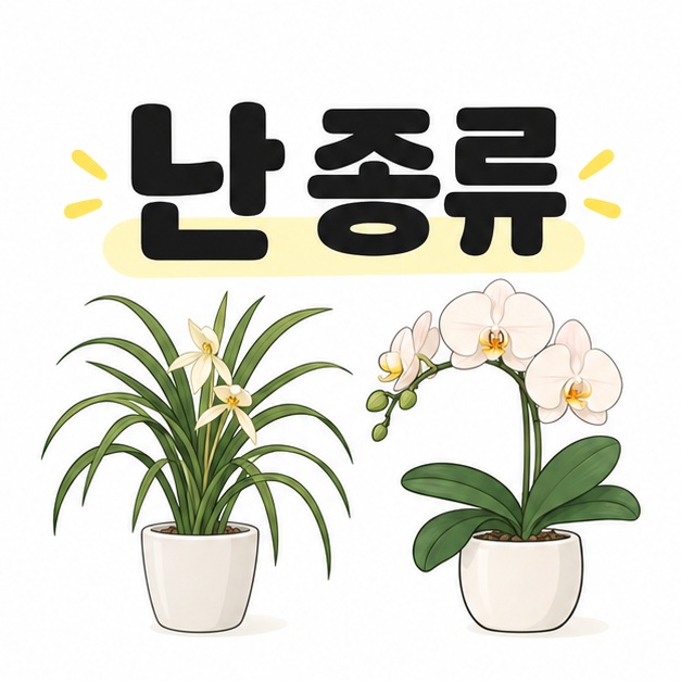 난 종류라는 제목과 잎이 가는 난 화분, 꽃이 핀 난 화분을 배치한 대표 이미지