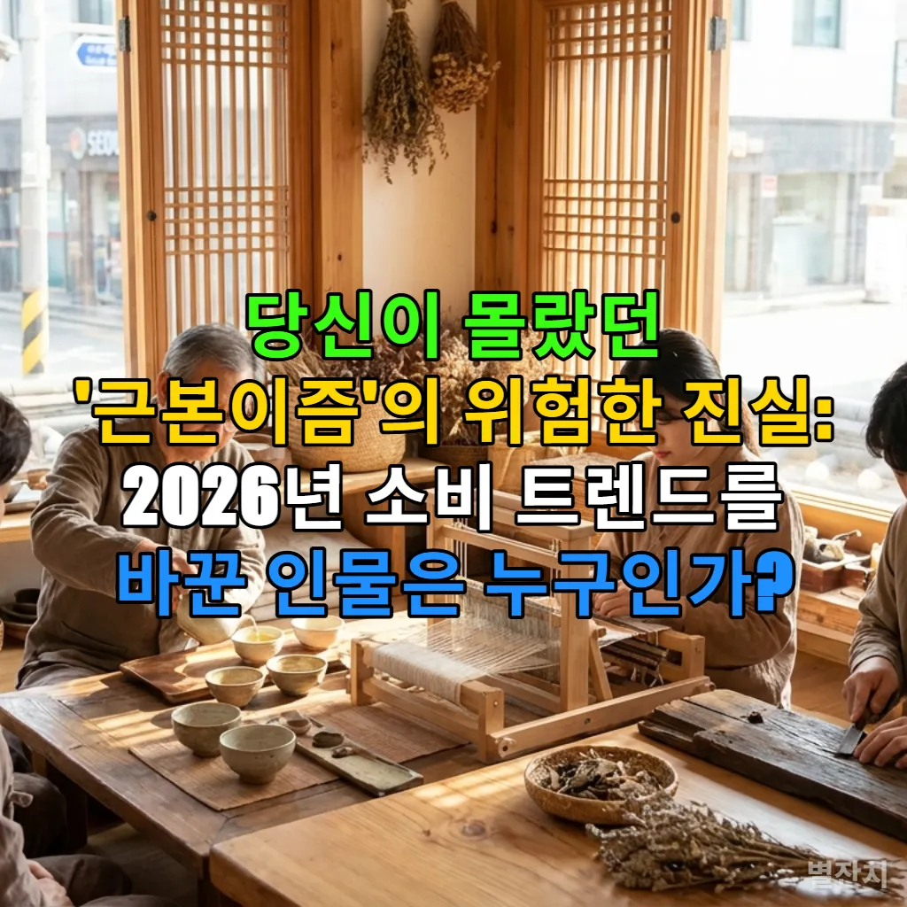 2026년 한국 소비 트렌드 '근본이즘'을 상징하는, 전통과 현대가 어우러진 공간에서 진정성 있는 활동에 몰두하는 한국인들의 모습