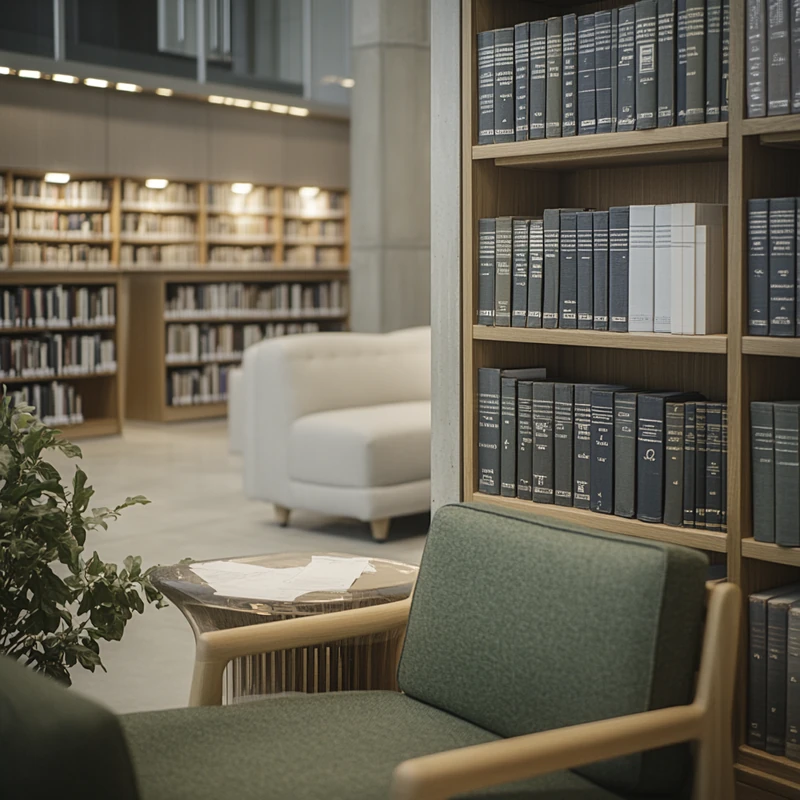 조용한 도서관에서 ETF 거래 전략에 관한 금융 도서와 자료가 배치되어 있으며, 학구적이고 성찰적인 분위기가 강조됩니다. 금융 자료, 전략 탐색, 도서관.