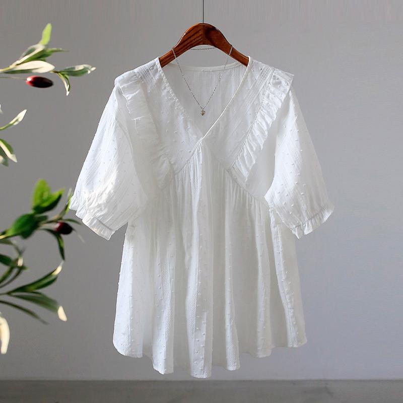 프릴 빅카라 세일러 스트라이프 레이스 펀칭 아일렛 반팔 여름 여성 블라우스