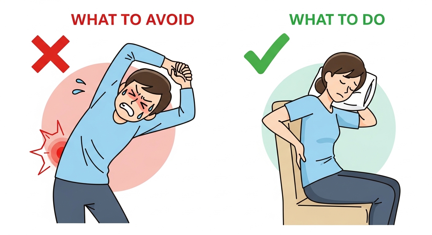 허리 통증 시 피해야 할 무리한 스트레칭과 권장되는 안정적인 휴식 자세를 비교하여 보여주는 그림. 잘못된 행동과 올바른 행동을 명확히 구분합니다.