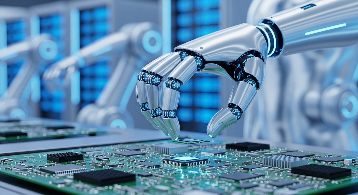 AI 서버 생산 라인에서 정밀하게 부품을 조립하는 휴머노이드 로봇의 손.
