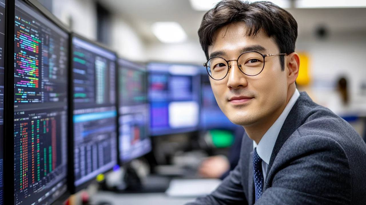 코스피 2700 돌파 후 대선 이후 테마형 ETF 투자 전략을 분석하는 전문가가 첨단 트레이딩룸에서 여러 모니터를 보며 외국인 매수세와 금융시장 동향을 집중 분석 중인 모습이 뚜렷하게 드러난다.