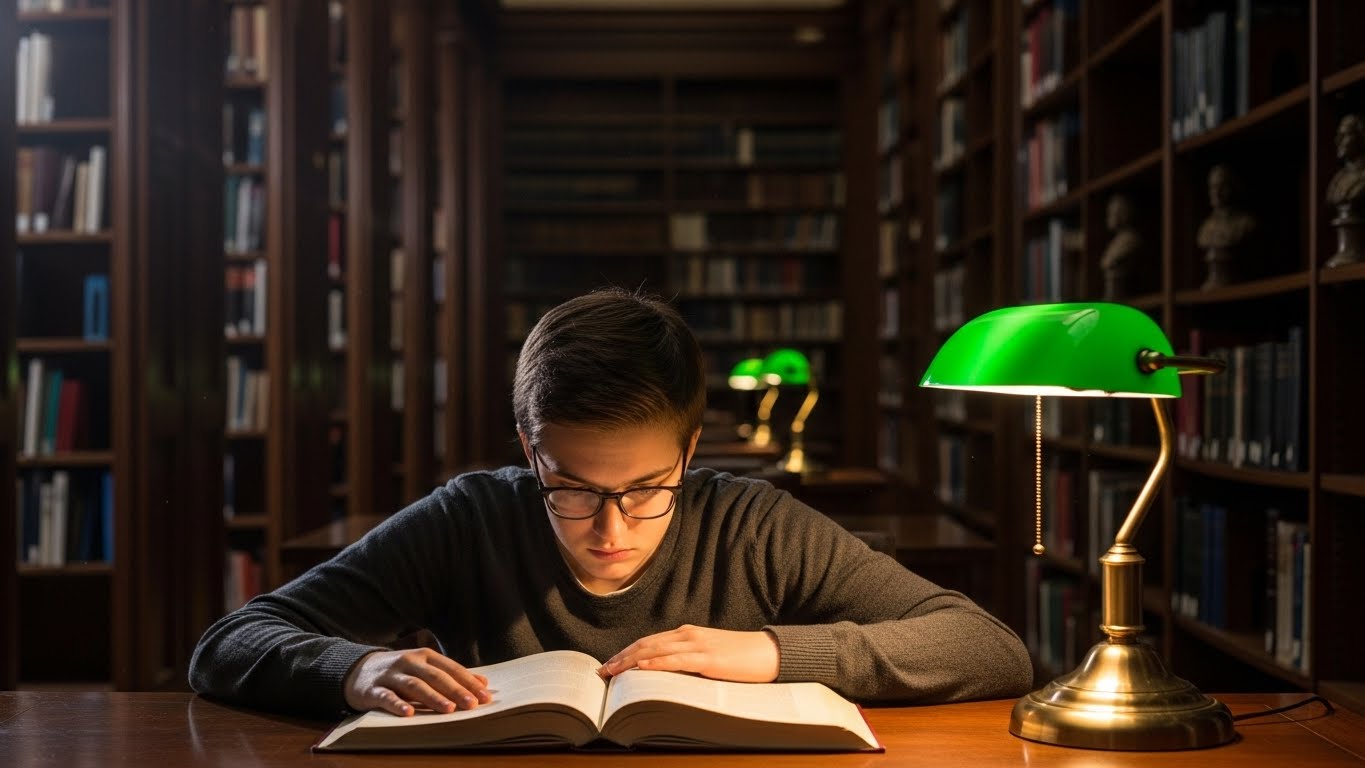 A student reading a thick hardcover book in a classic library with green reading lamps. Rows of bookshelves in the background. Serious, focused, and academic atmosphere.