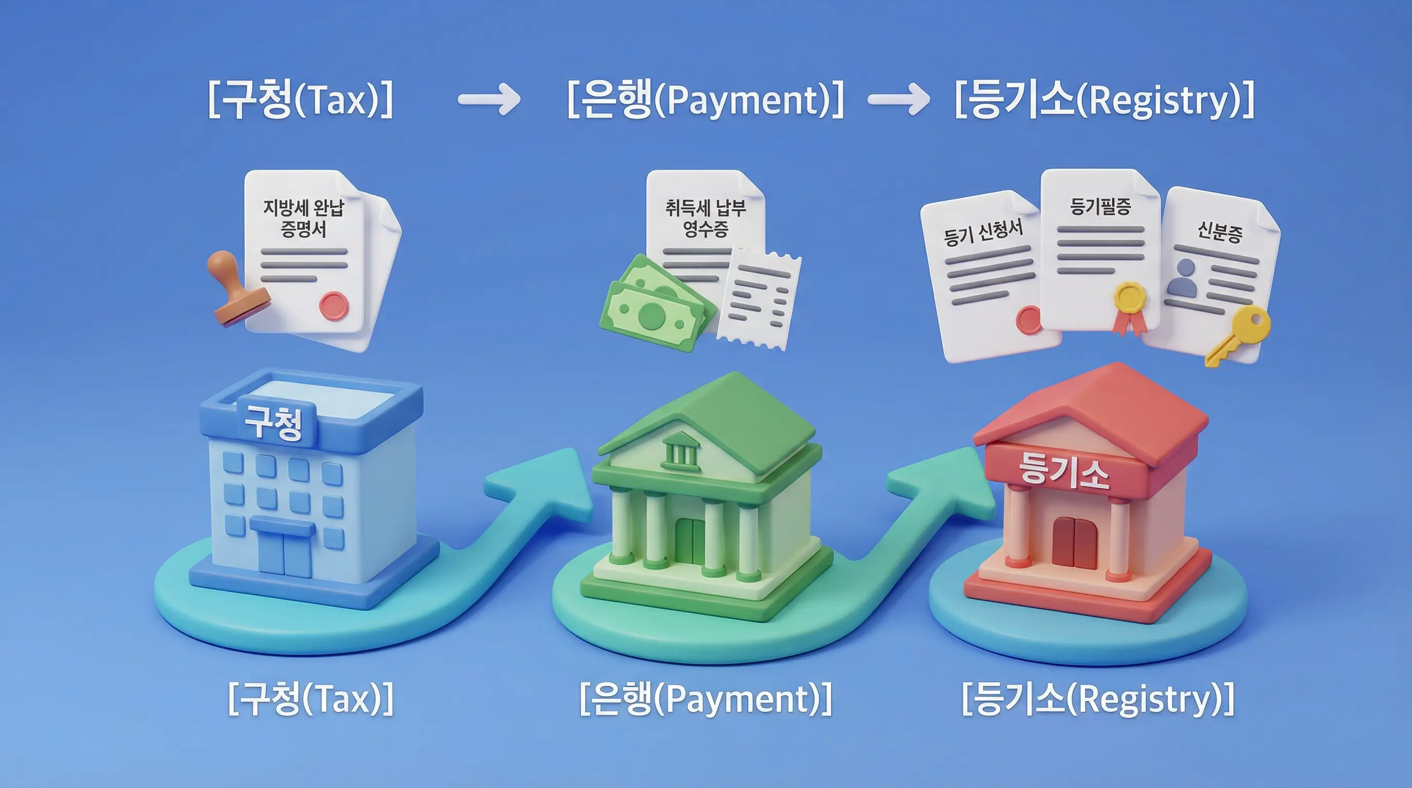 [구청(Tax)] - [은행(Payment)] - [등기소(Registry)]로 이어지는 화살표와 함께, 각 단계별로 필요한 서류 아이콘이 떠 있는 3D 인포그래픽입니다.