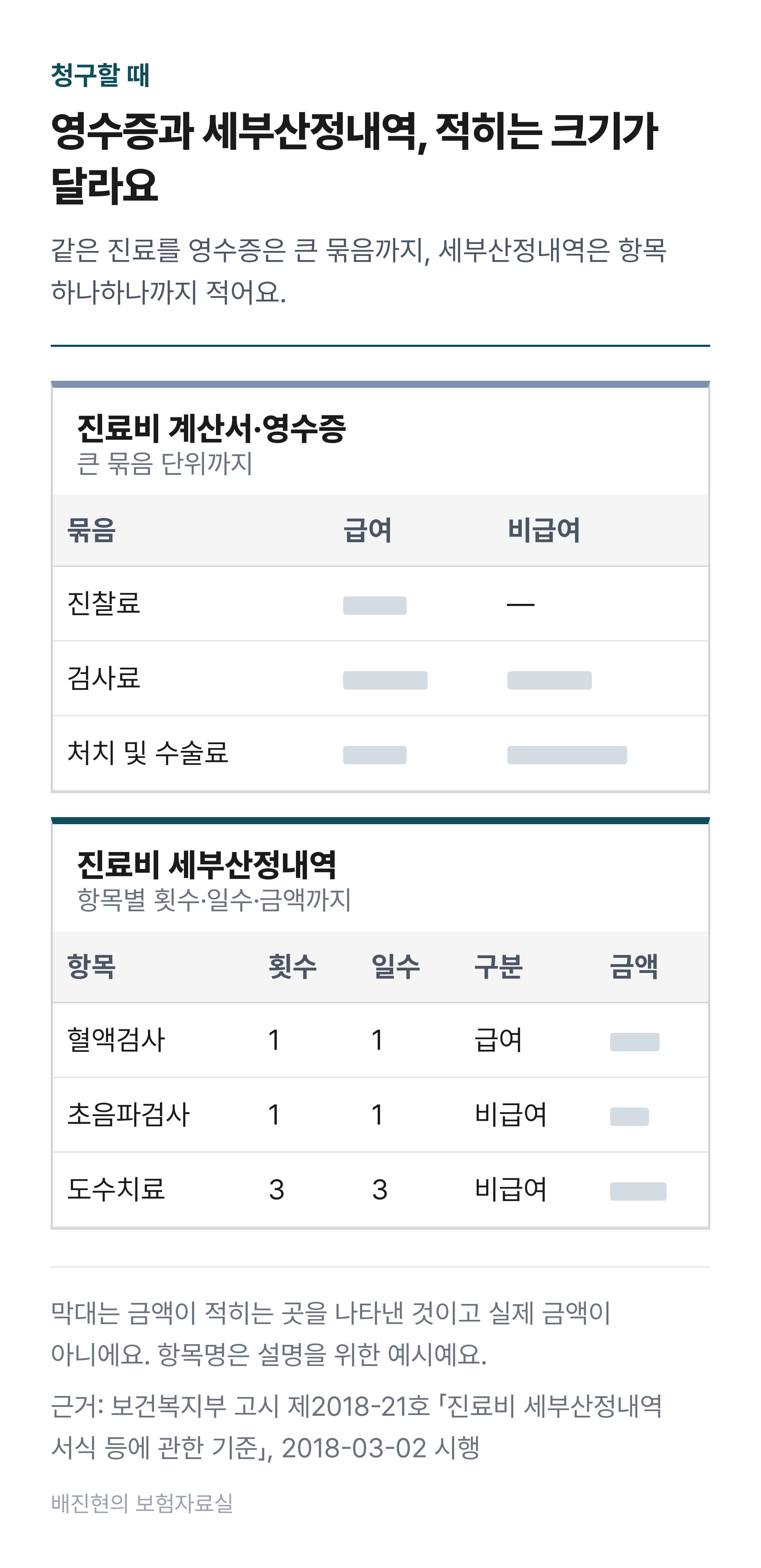 진료비 영수증과 세부산정내역에 적히는 정보를 비교한 자체 제작 도식