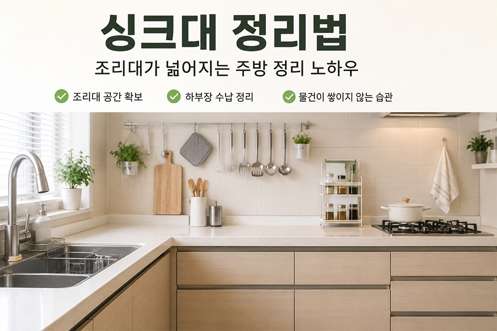 조리대가 넓게 정리된 밝은 주방 싱크대와 벽면 수납, 하부장 수납이 깔끔하게 정돈된 싱크대 정리법 대표 이미지