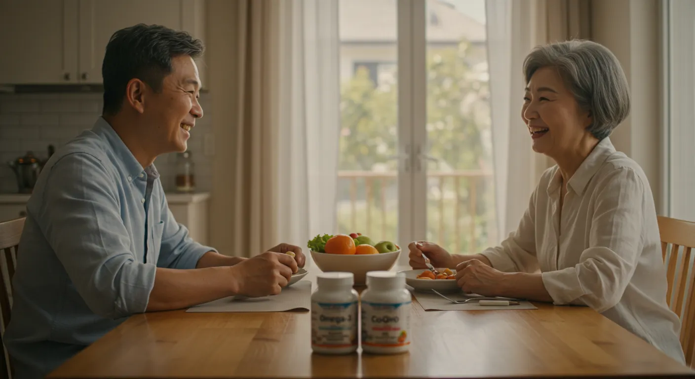 건강한 식사와 함께 영양제를 챙기며 활기찬 50대를 보내는 건강한 중년 부부의 모습