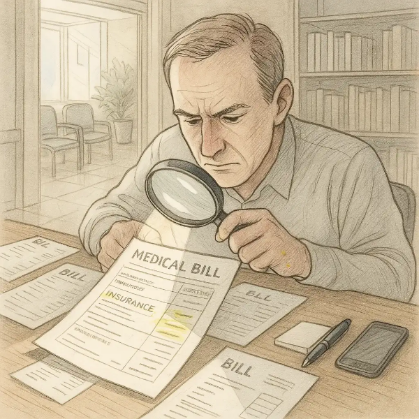 의료비 명세서를 돋보기로 확인하는 남성