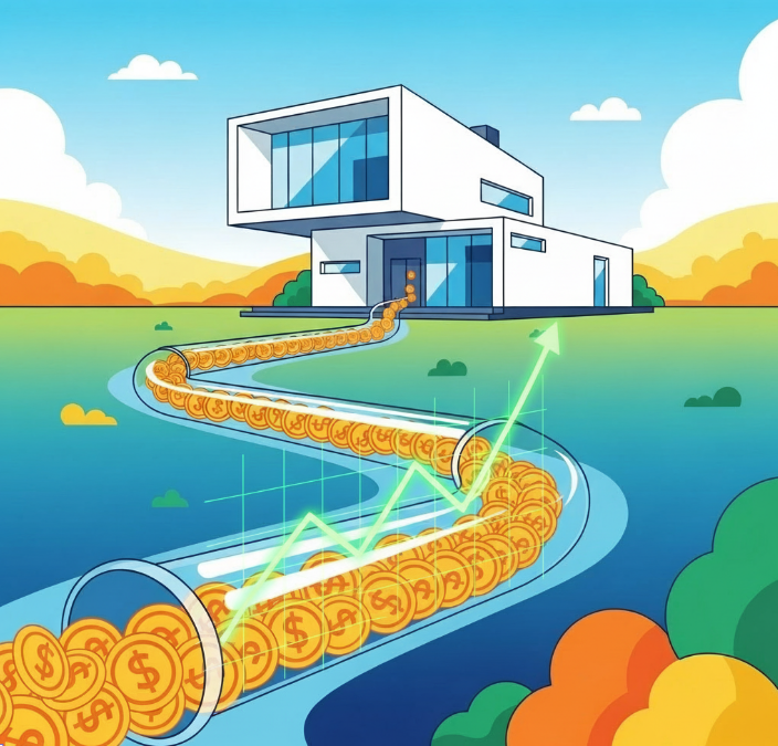 디지털 파이프라인을 통해 안정적으로 흐르는 디지털 월세 수익을 상징하는 현대적인 주택과 파이프라인 이미지.