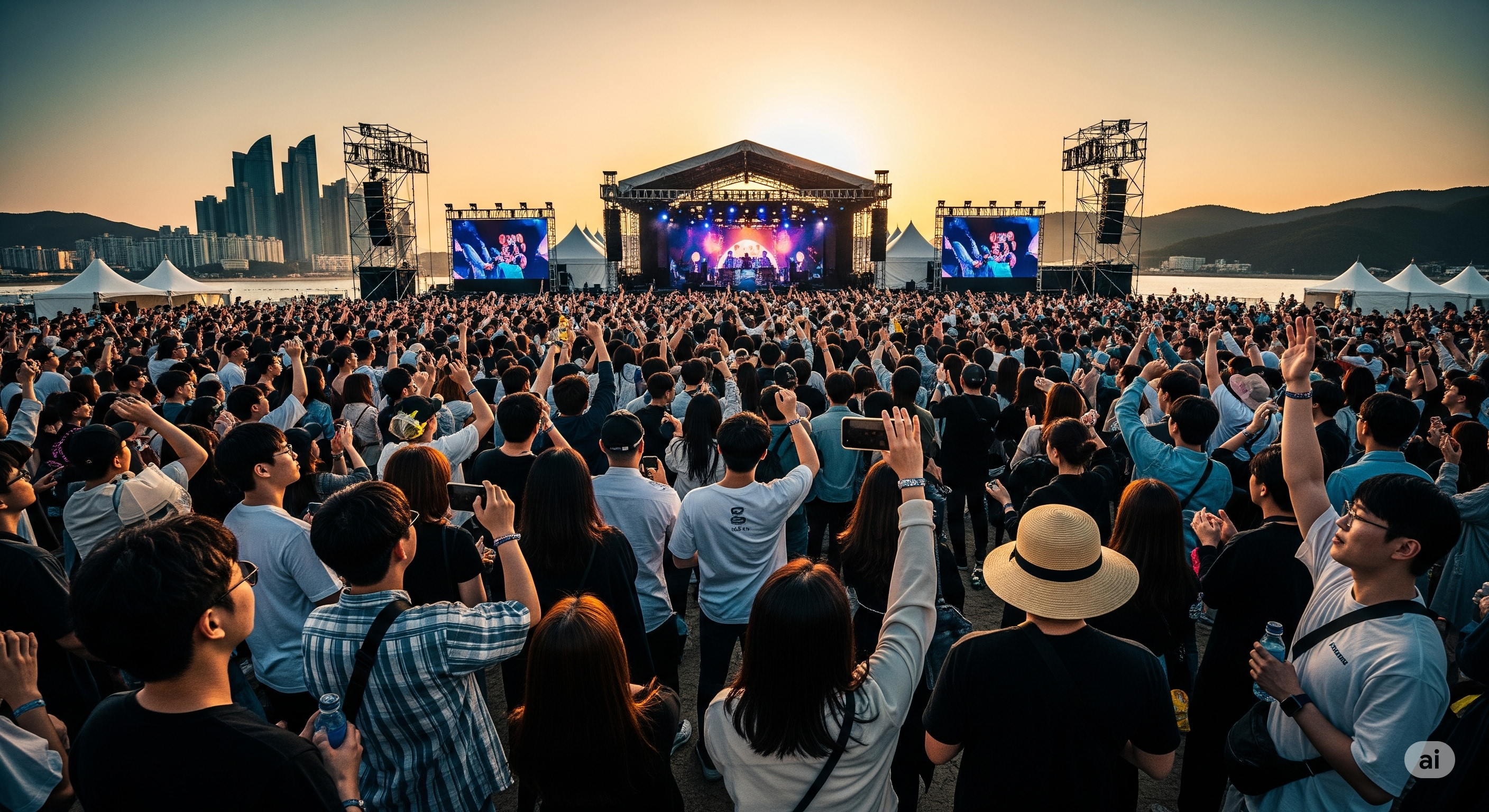 부산 송도 해수욕장 특설무대에서 화려한 조명 아래 현인가요제 공연이 펼쳐지고 많은 관객들이 환호하는 모습