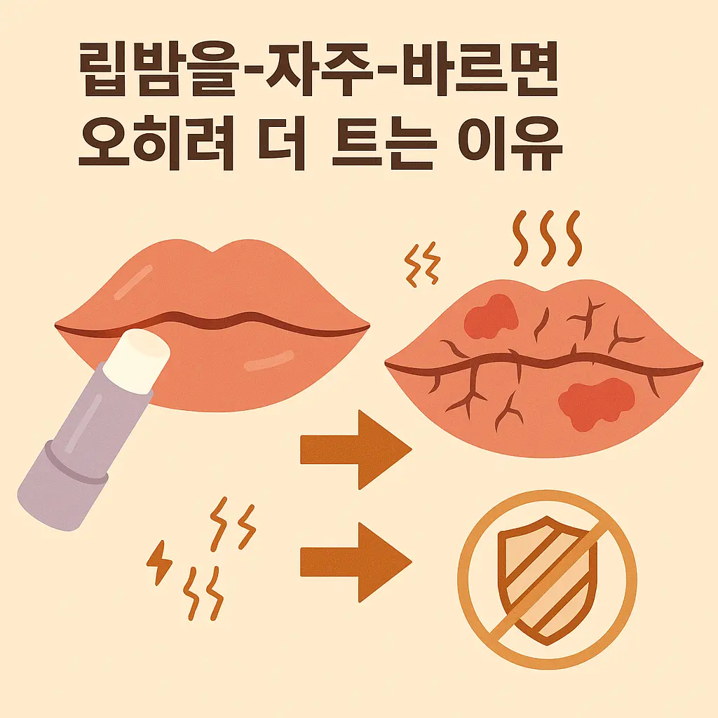 지속적으로-립밤을-덧바른-입술이-수분-장벽이-손상되어-거칠고-갈라진-상태를-붉은-염증-표시와-함께-보여주는-인포그래픽