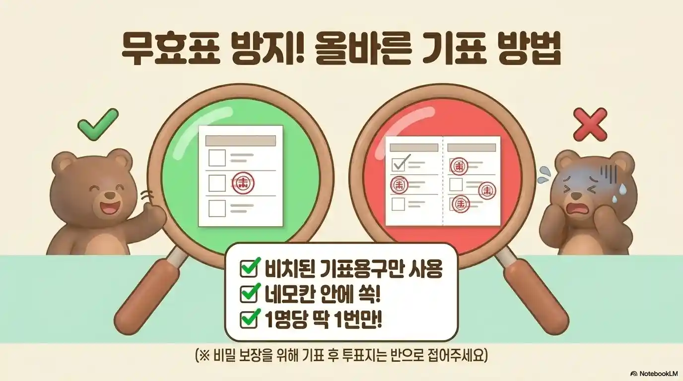 무효표 방지 올바른 기표 방법 - 비치된 기표용구 네모칸 안에 1명당 1번 기표 후 반으로 접기