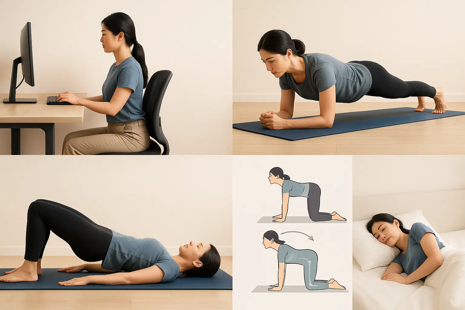 바른 앉은 자세, 플랭크, 브릿지, 고양이-소 자세 등 척추에 좋은 스트레칭 운동을 하는 사람. 적절한 베개와 침대에서 자는 수면 자세