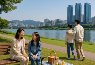 파주 잔디공원 벤치에서 피크닉 하는 가족 모습