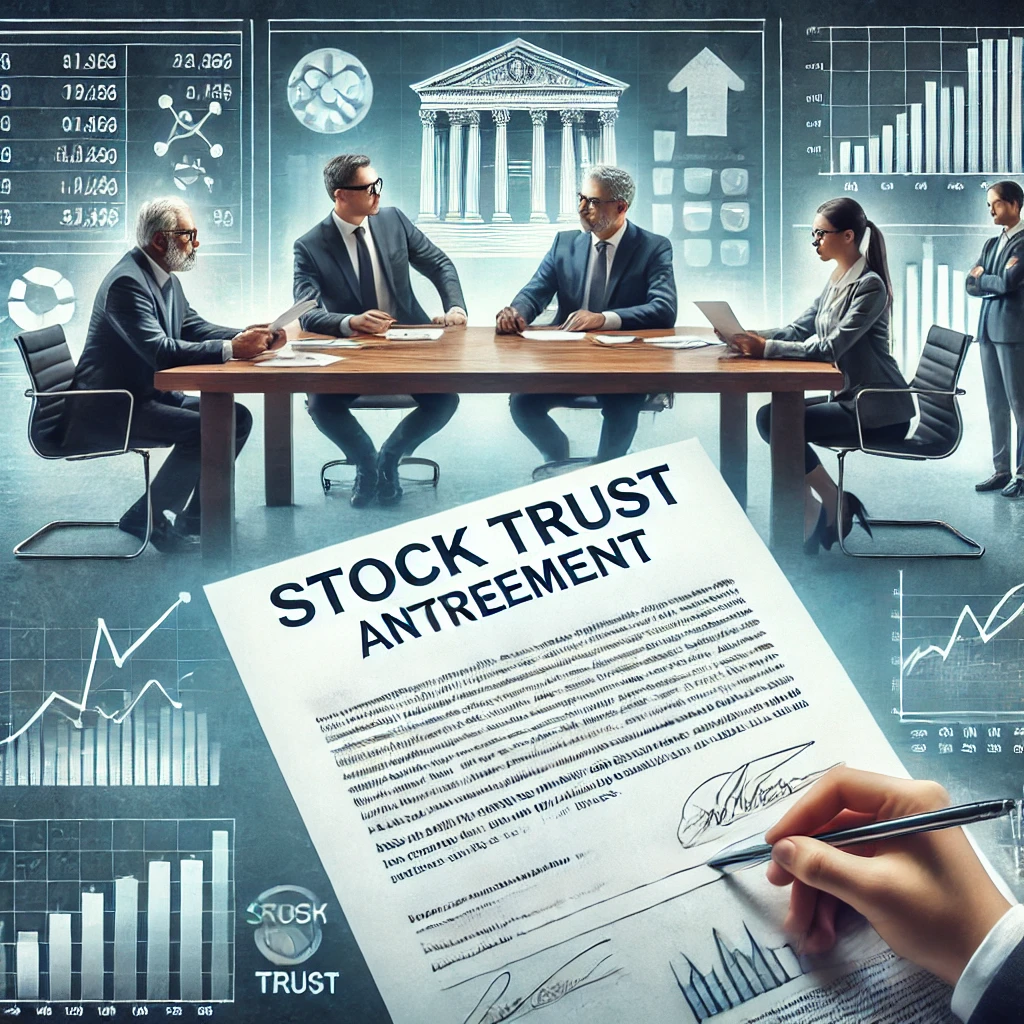 주식 차트를 보며 회의하는 기업 관계자들.