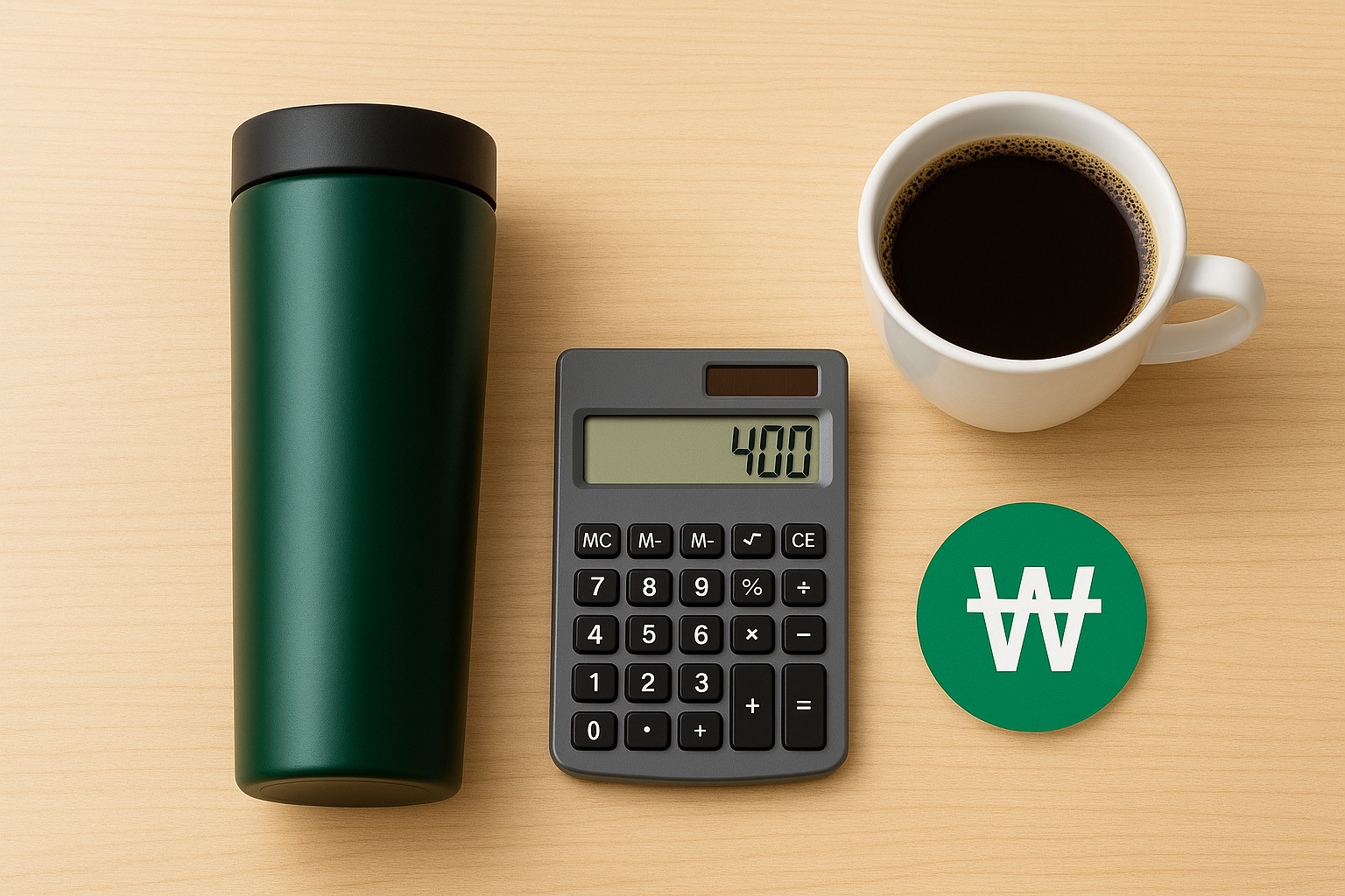 연한 노란색 배경 위에 세 가지 물건이 놓여 있다. 왼쪽에는 초록색 텀블러, 중앙에는 액정 화면에 숫자 '400'이 표시된 계산기, 오른쪽에는 커피잔과 원화(₩) 기호가 있는 동그라미 아이콘이 보인다.