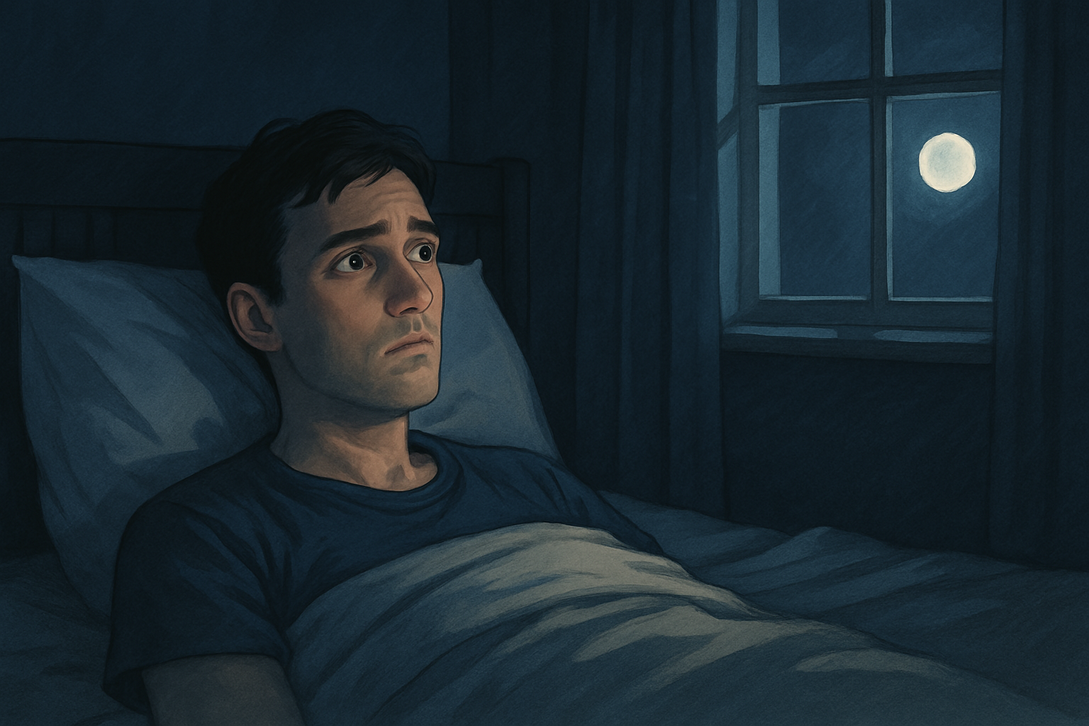 어두운 방에서 달빛을 받으며 침대에 누운 불안한 사람의 모습