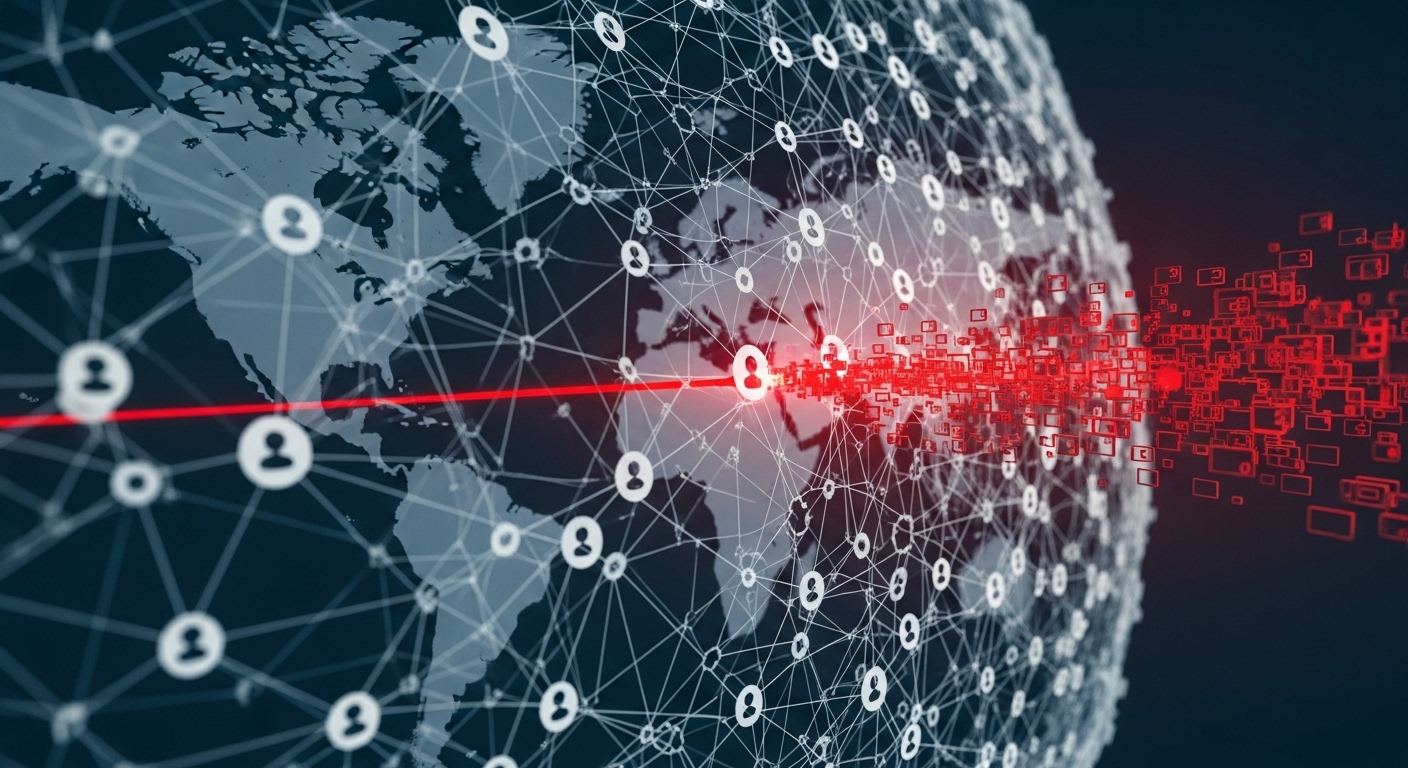 거대한 고객 데이터베이스 네트워크에서 빨간색으로 표시된 파손된 지점을 통해 데이터가 유출되고 있음을 보여주는 이미지. 전 세계적인 영향력을 암시합니다.