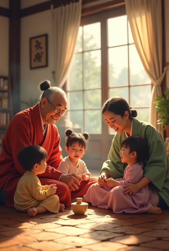 할아버지 할머니가 아이를 돌봄