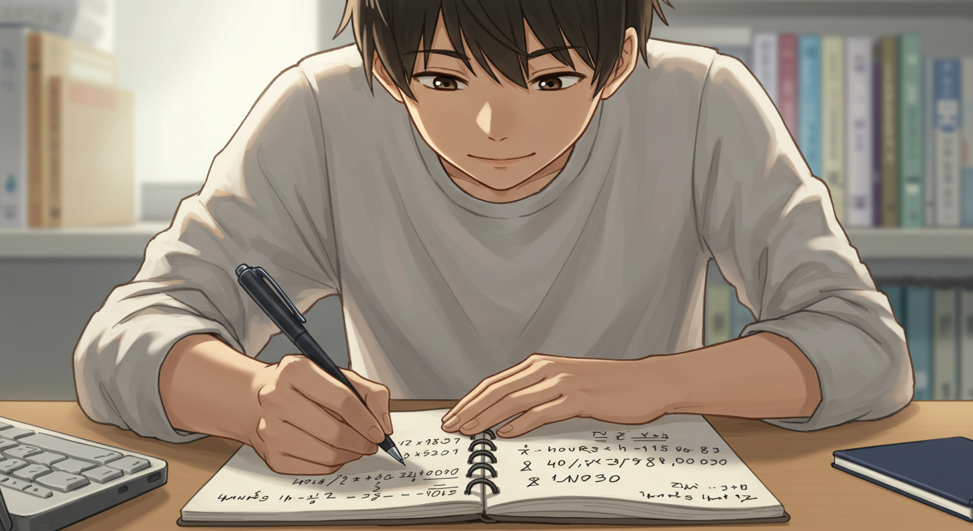 유급휴일 수당 계산 공식을 직접 기록하는 아르바이트생