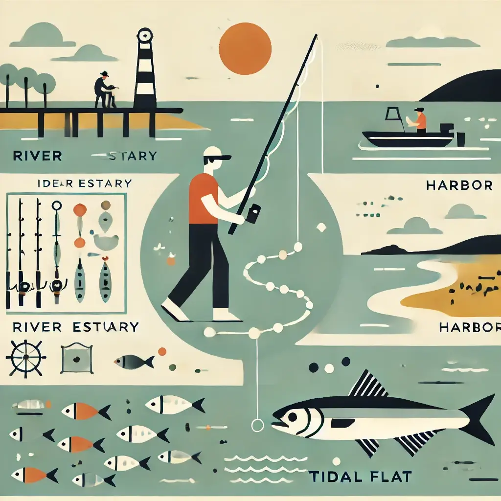 다양한 최적의 숭어 낚시 장소에서 낚시하는 장면.