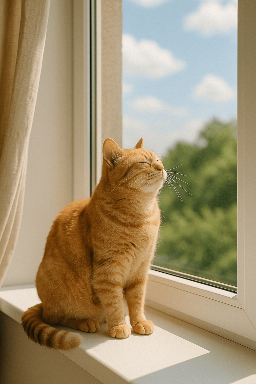 창가에 앉아 바람을 쐐며 행복해 하는 고양이