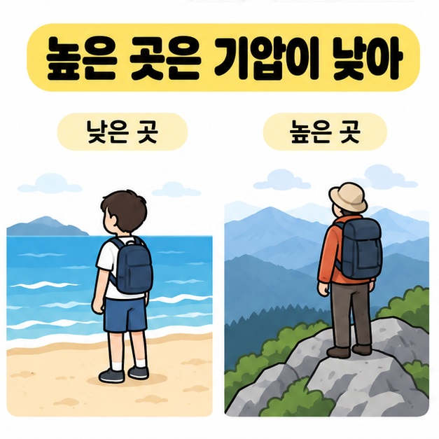 높은 곳은 기압이 낮다는 설명 아래 바닷가의 사람과 산 정상의 등산객을 나란히 비교한 그림