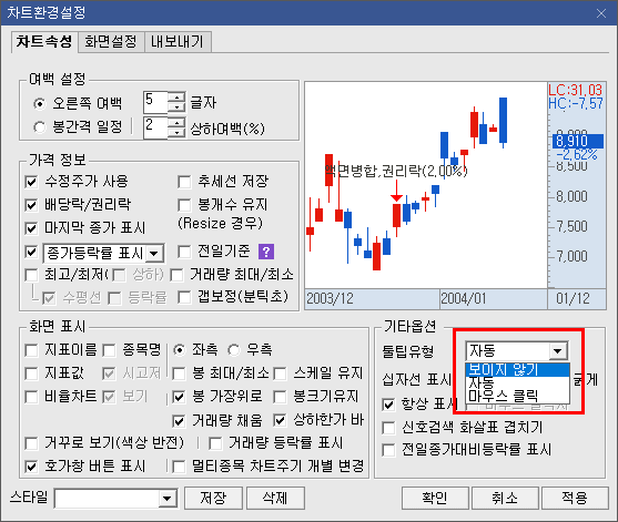 지표 숨기는 기능 1)