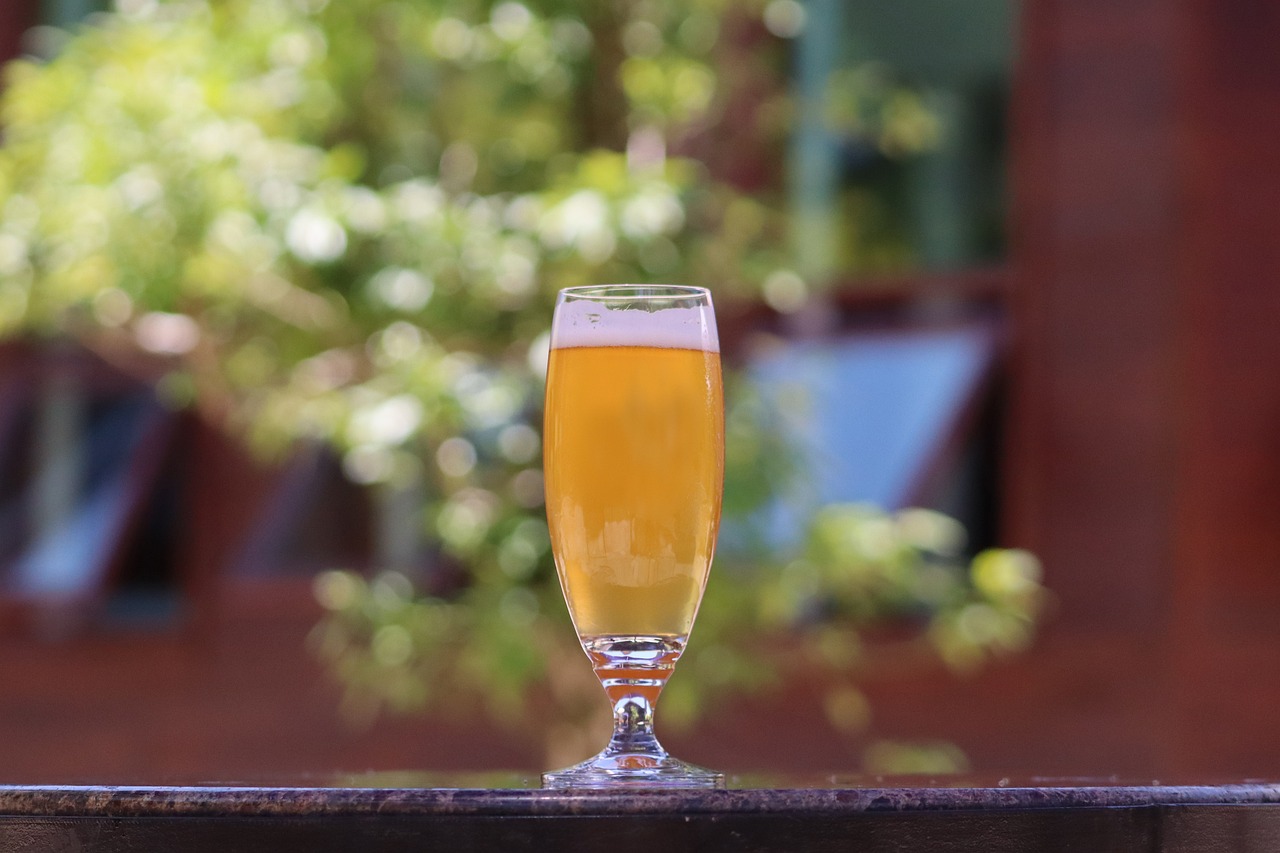 유리잔에 담긴 황금빛 맥주 한 잔이 햇살 아래 테라스 테이블 위에 놓여 있으며, 배경에는 초록 식물과 건물 창문이 흐릿하게 보인다.